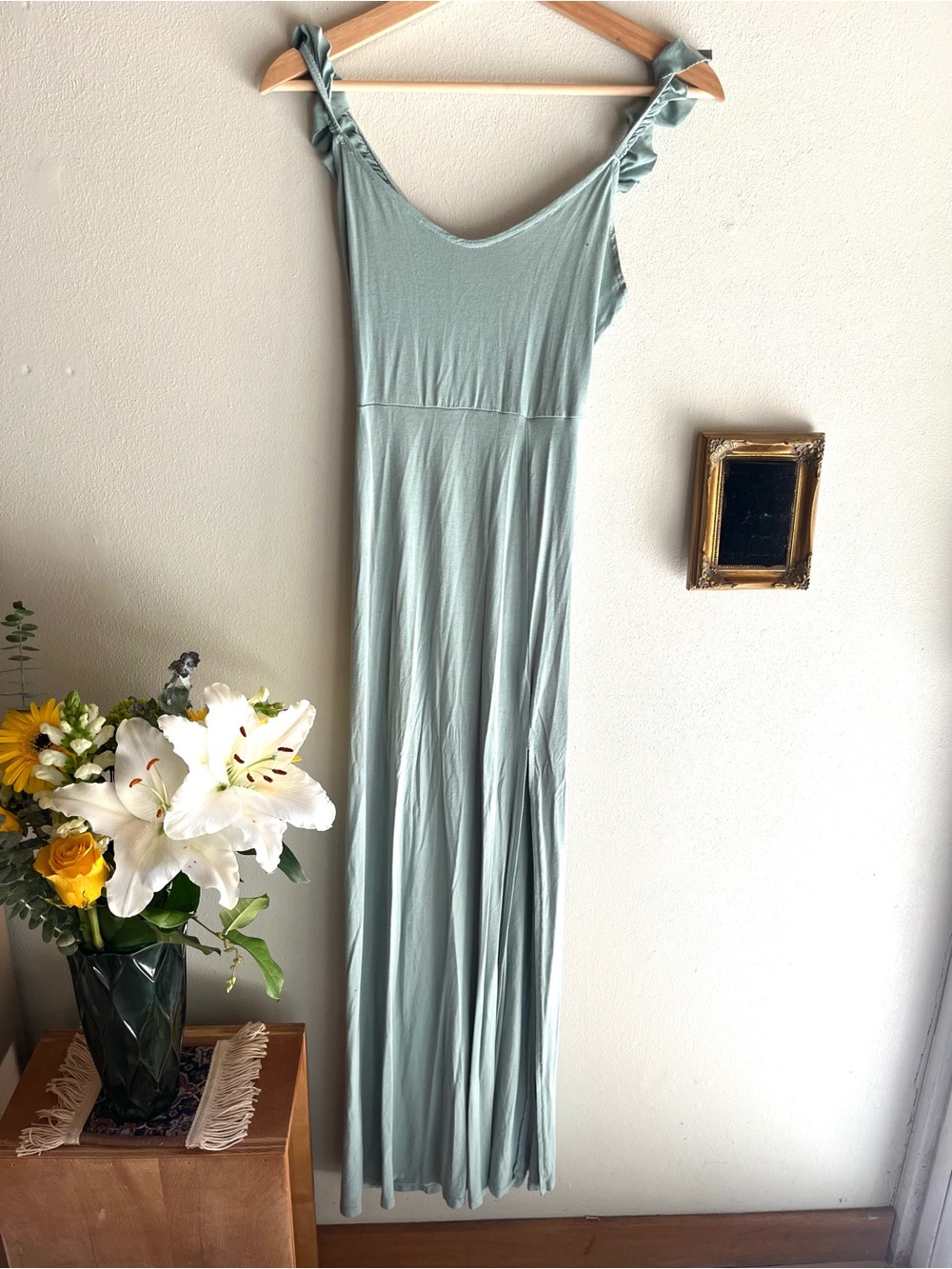 Forever 21 Light Sage Ruffle Strap Maxi Dress with slit